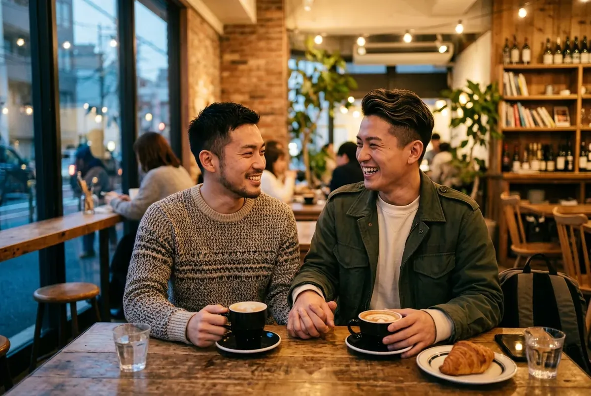 Modern Chinese queer couple smiling together in a serene park setting in Shanghai