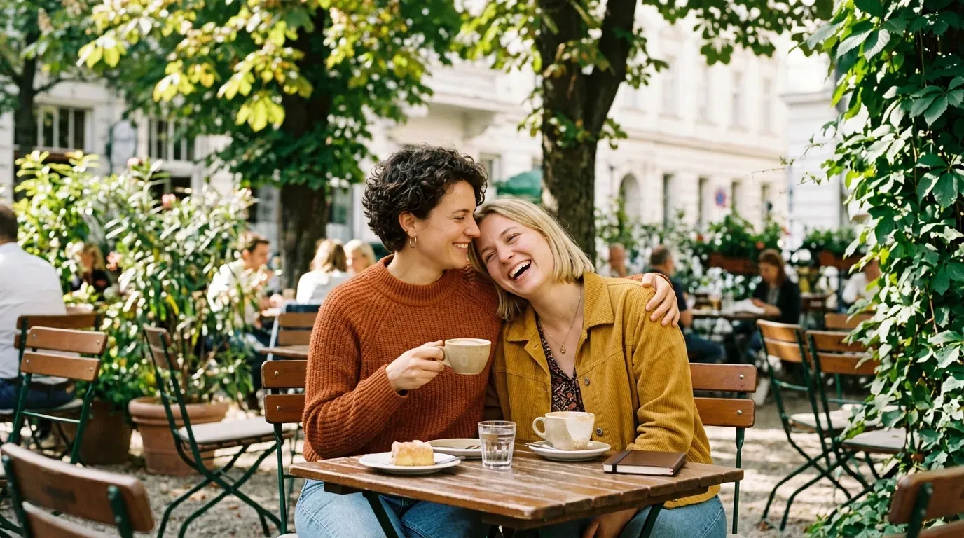 Austrian queer couple smiling happily together in an outdoor Viennese cafe garden