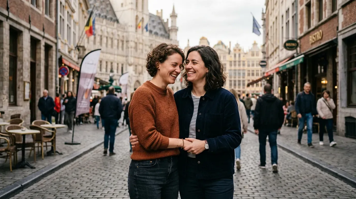 Belgian queer couple laughing warmly together on a historic street in Brussels