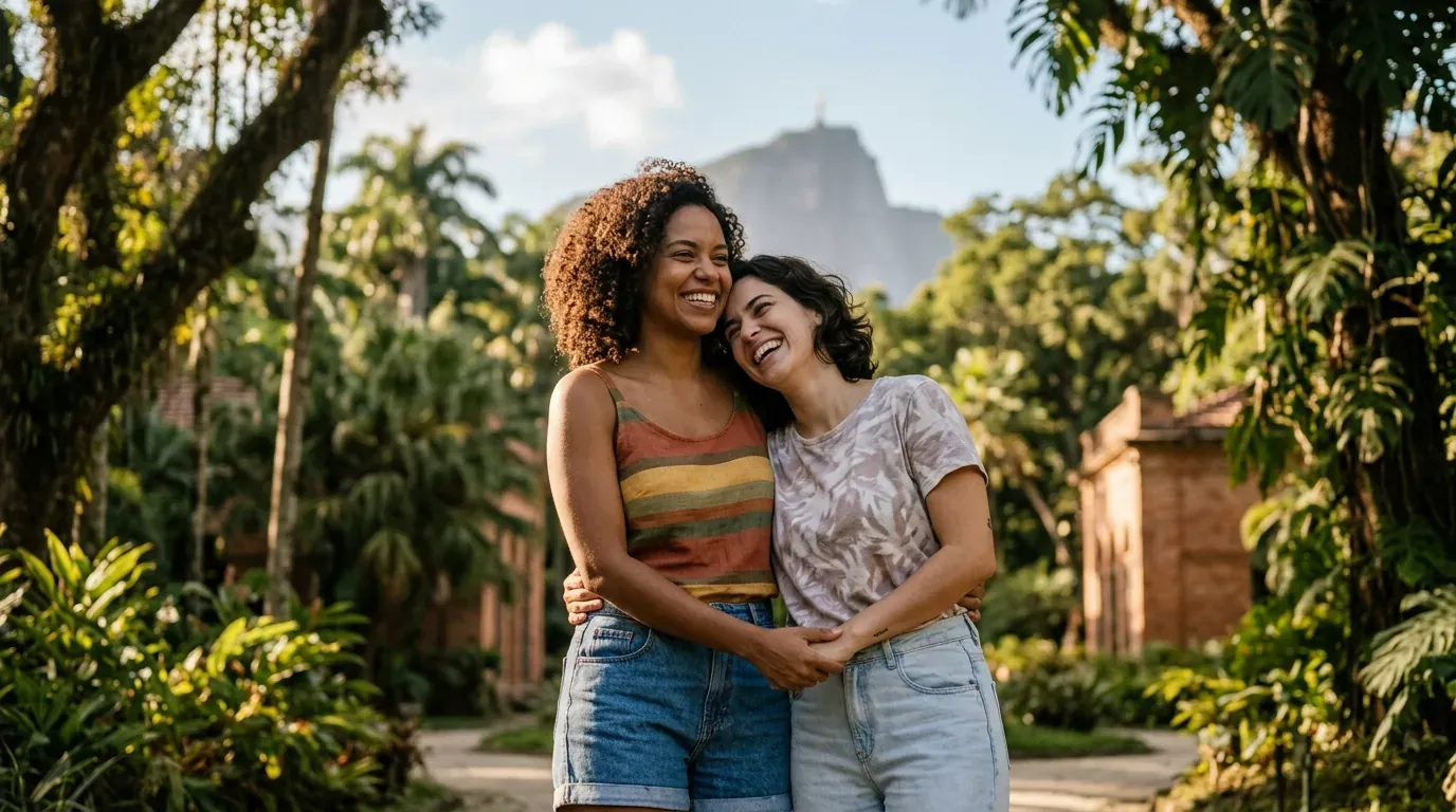 Brazilian LGBTQ+ couple smiling together outdoors in Rio de Janeiro surrounded by lush greenery