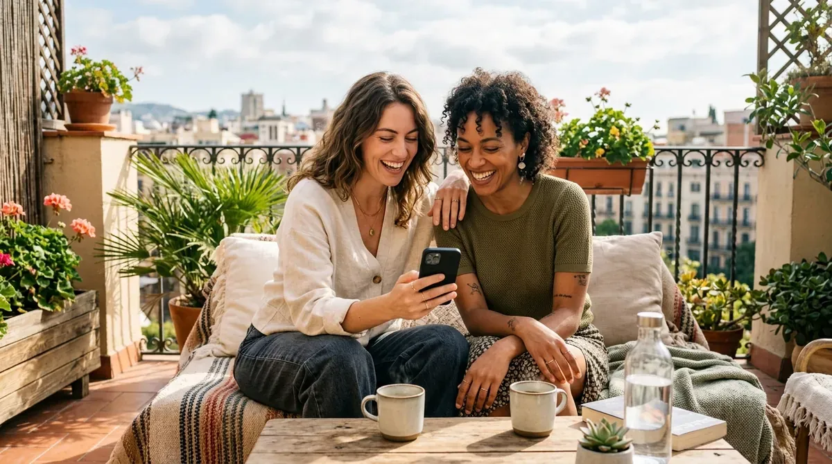 French queer couple relaxing together on a Parisian balcony overlooking the city
