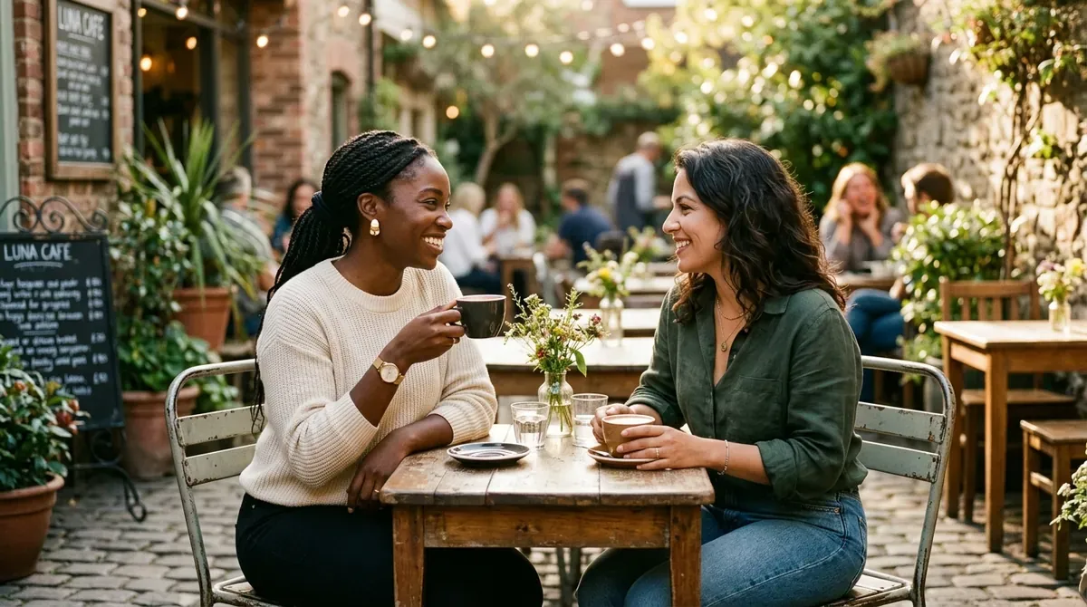 German LGBTQ+ couple enjoying coffee together in an outdoor cafe in Berlin