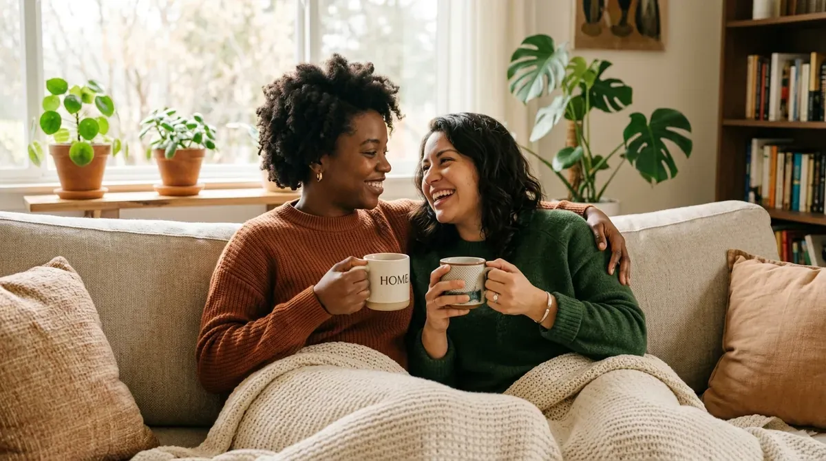 New Zealand queer couple enjoying a cozy conversation in a modern Auckland apartment