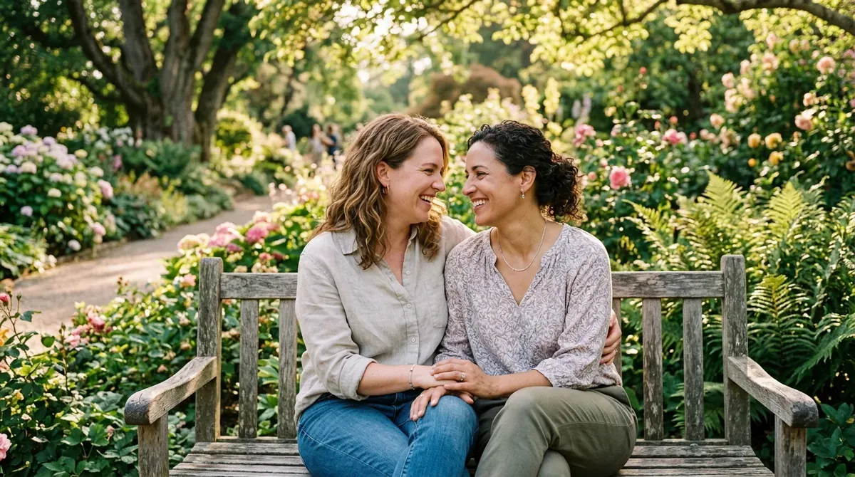 Canadian LGBTQ+ couple embracing warmly in Vancouver with mountain backdrop