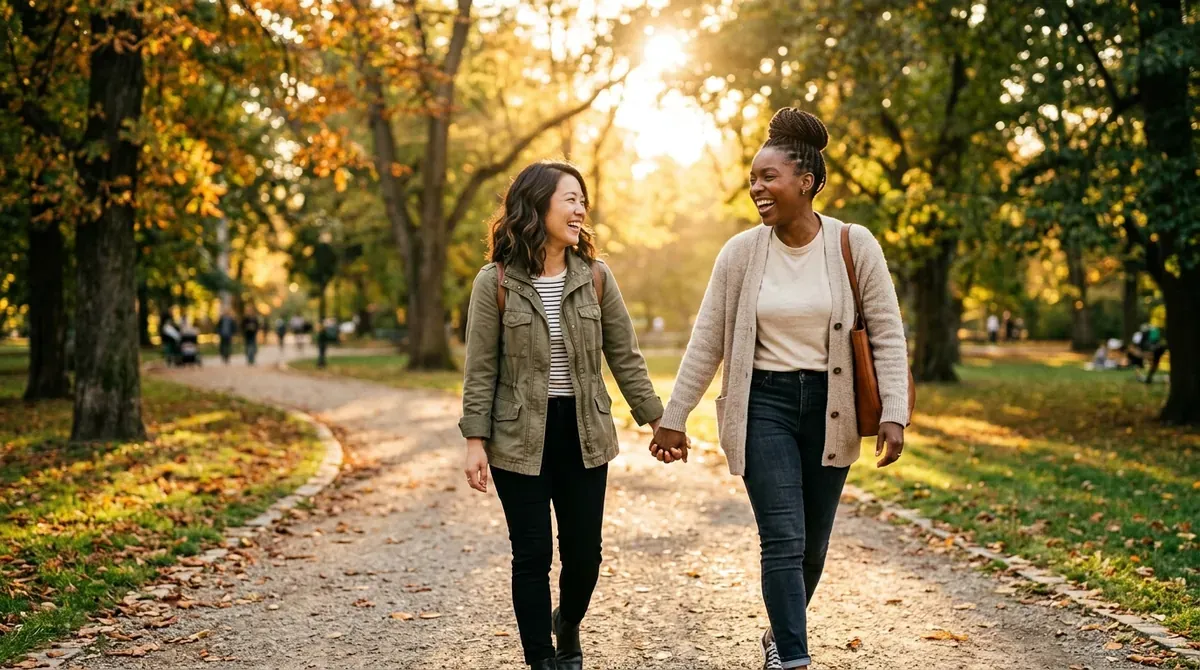 Australian LGBTQ+ couple enjoying a sunny afternoon walk in Sydney