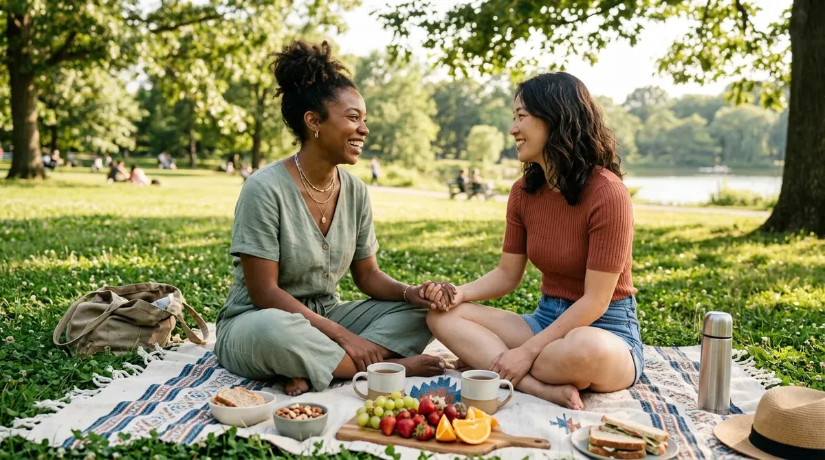Dutch LGBTQ+ couple enjoying a sunny picnic in a lush Amsterdam city park