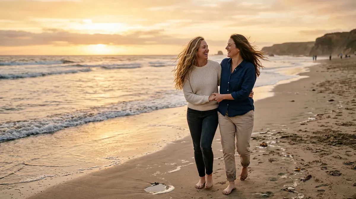 Spanish LGBTQ+ couple enjoying the golden sunset together in Barcelona