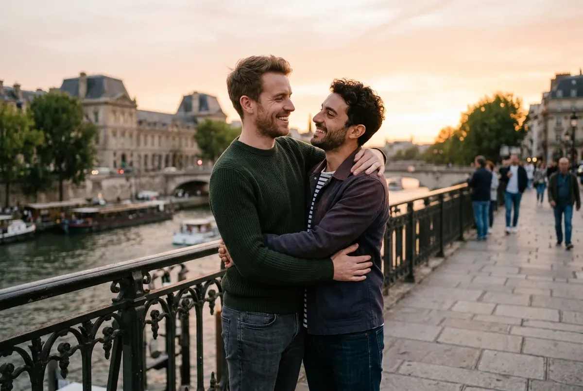 British queer couple smiling together in central London near Soho