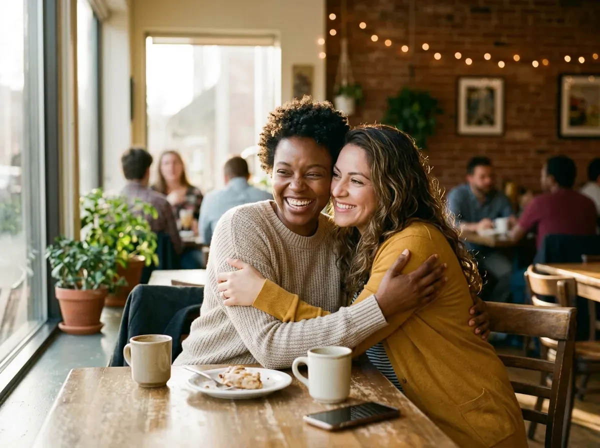 LGBTQ+ couple smiling warmly outdoors together in a welcoming United States community