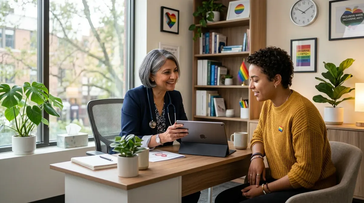 Medical clinician and health advisor conducting compassionate, evidence-based consultation in an affirming clinic