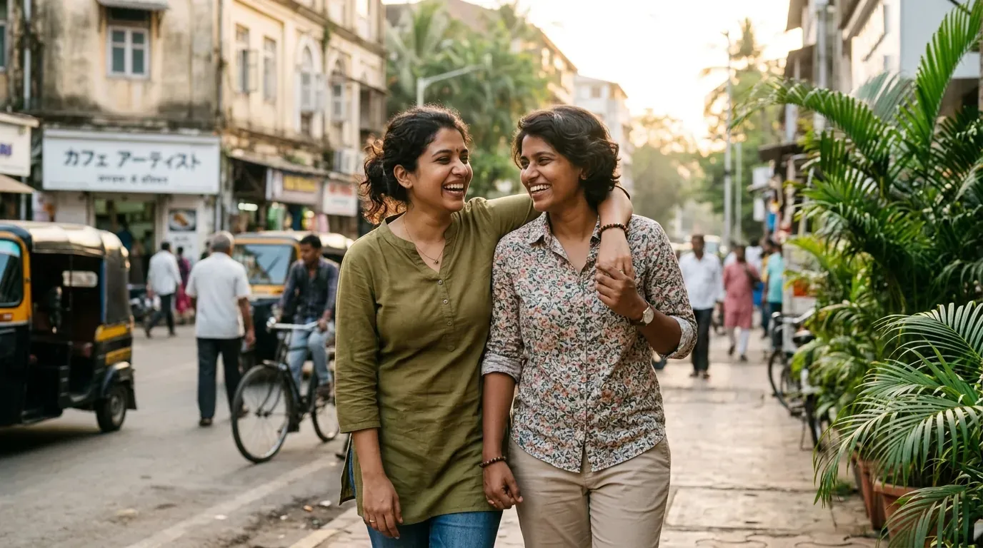 Modern Indian queer couple smiling together in Mumbai with warm natural sunlight