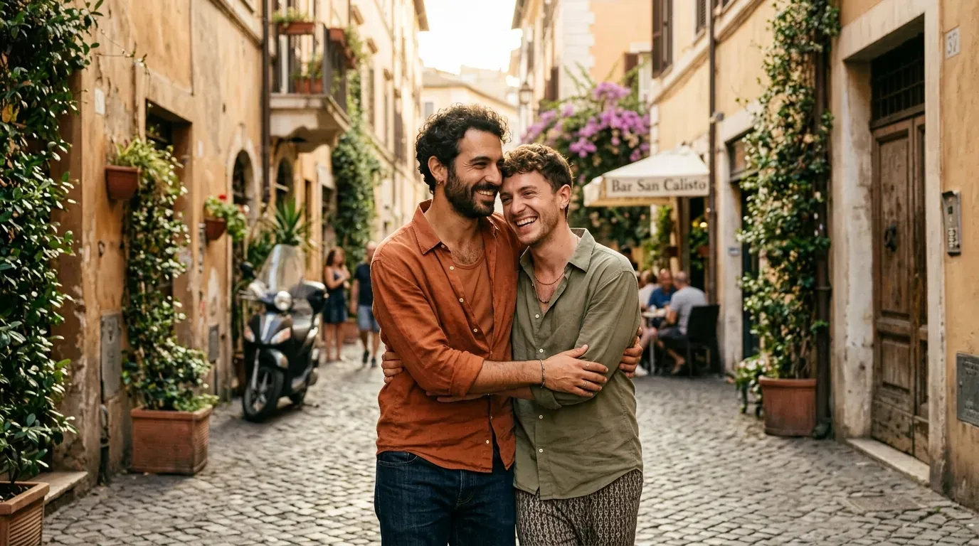 Italian queer couple smiling warmly together in Rome with warm Mediterranean sunlight