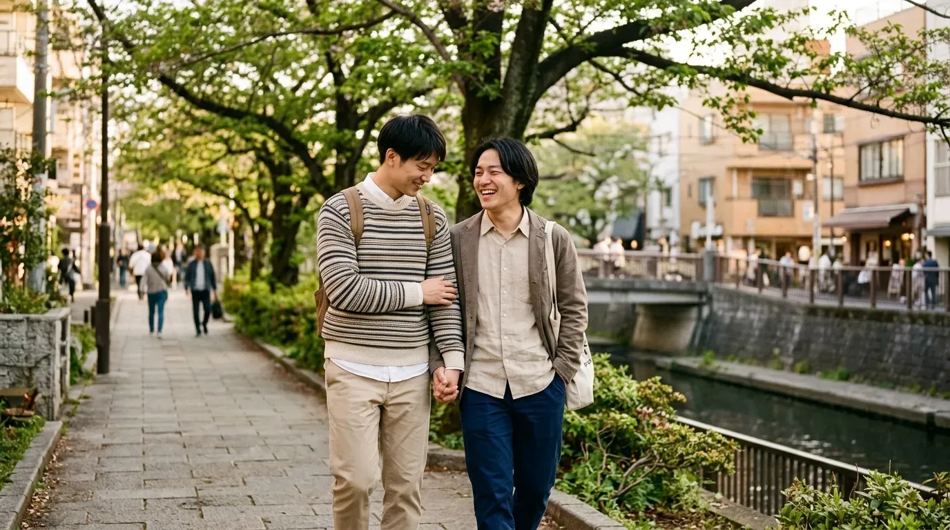 Japanese queer couple walking comfortably along the Meguro River promenade in Tokyo