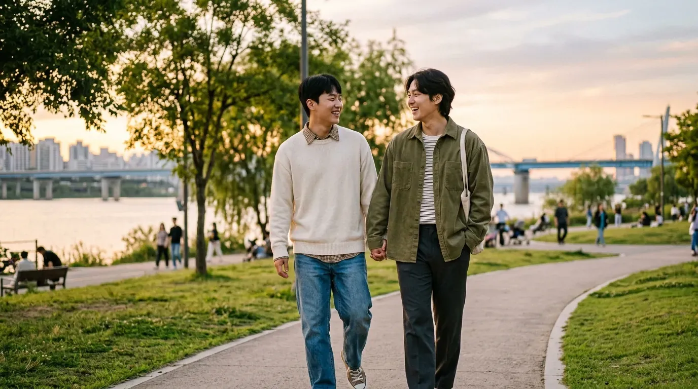 South Korean queer couple walking along the Han River promenade in Seoul with golden hour light