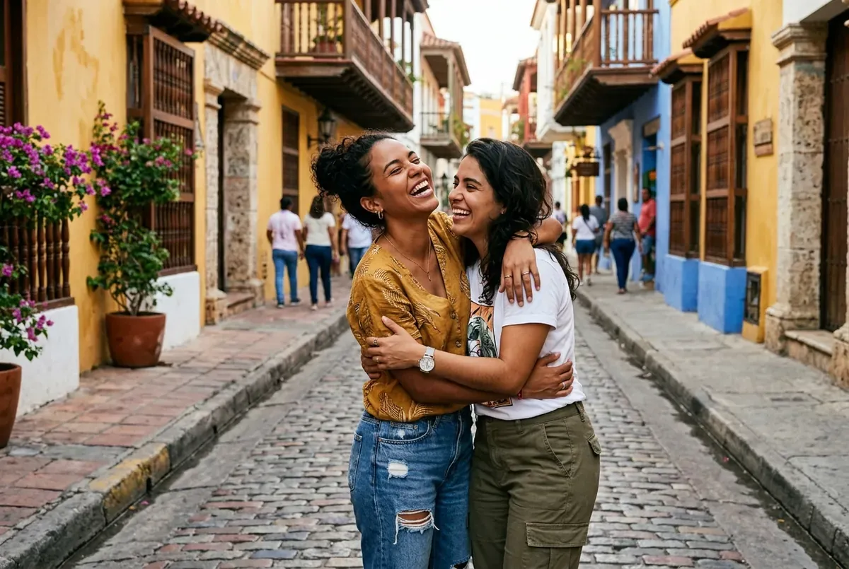 Mexican LGBTQ+ couple smiling warmly in a sunny courtyard in Mexico City
