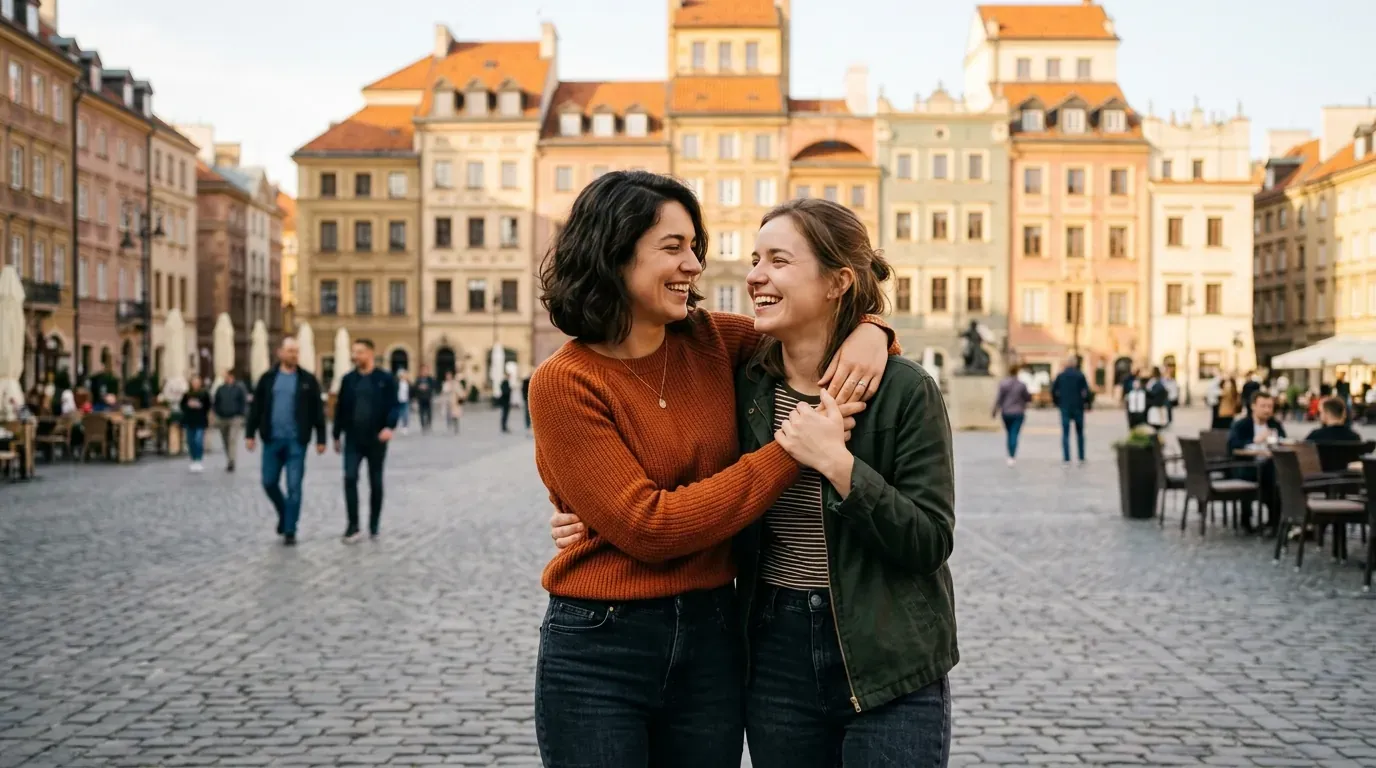 Polish LGBTQ+ couple smiling warmly together in Warsaw old town square