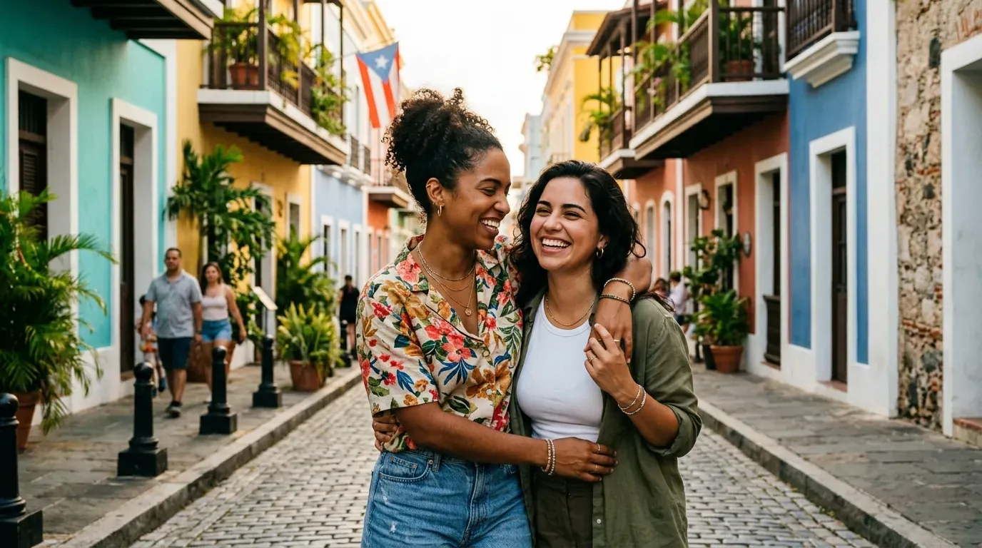 Puerto Rican LGBTQ+ couple smiling warmly in colorful Old San Juan with tropical sunlight
