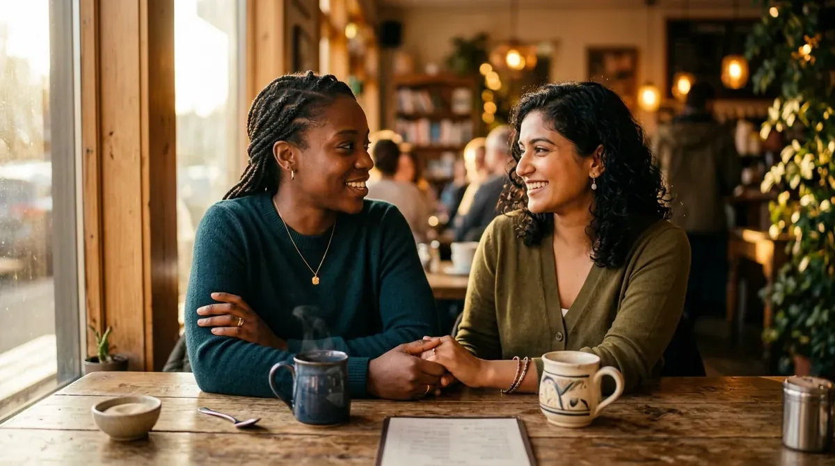 Two adults engaged in an empathetic, warm conversation over coffee