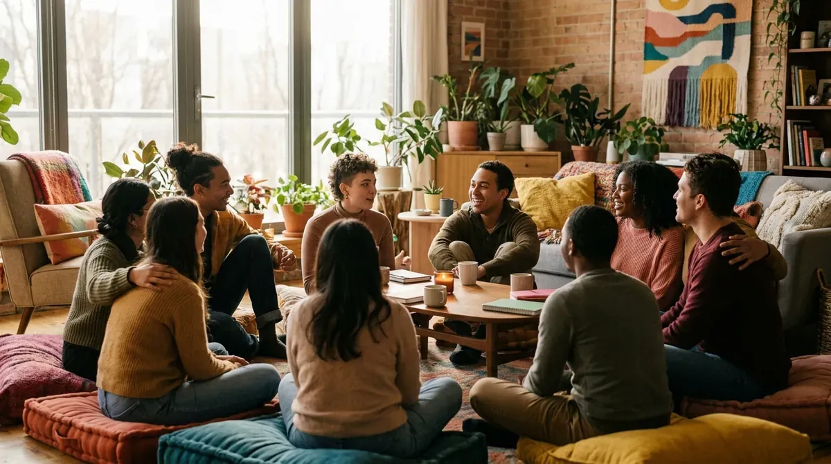 Diverse LGBTQ+ community members smiling and connecting in an affirming, supportive gathering