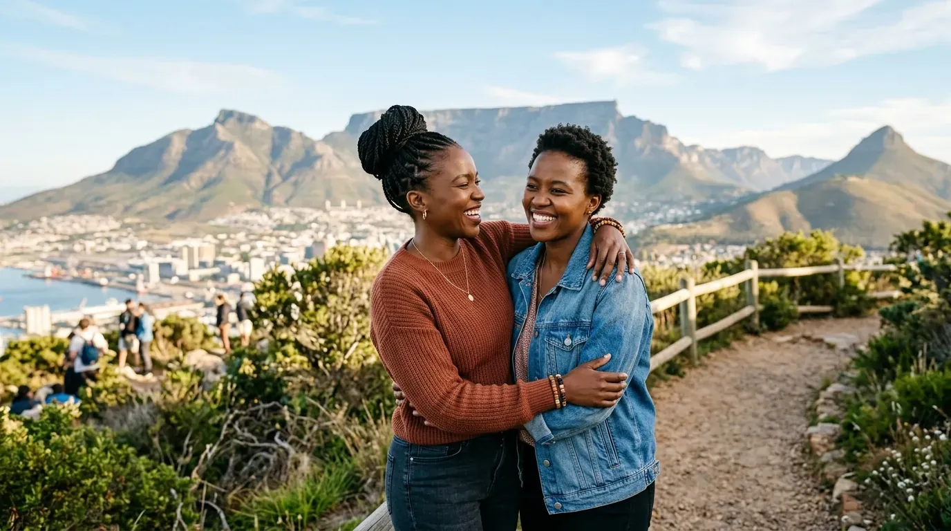 South African queer couple smiling joyfully together outdoors in Cape Town with Table Mountain in background