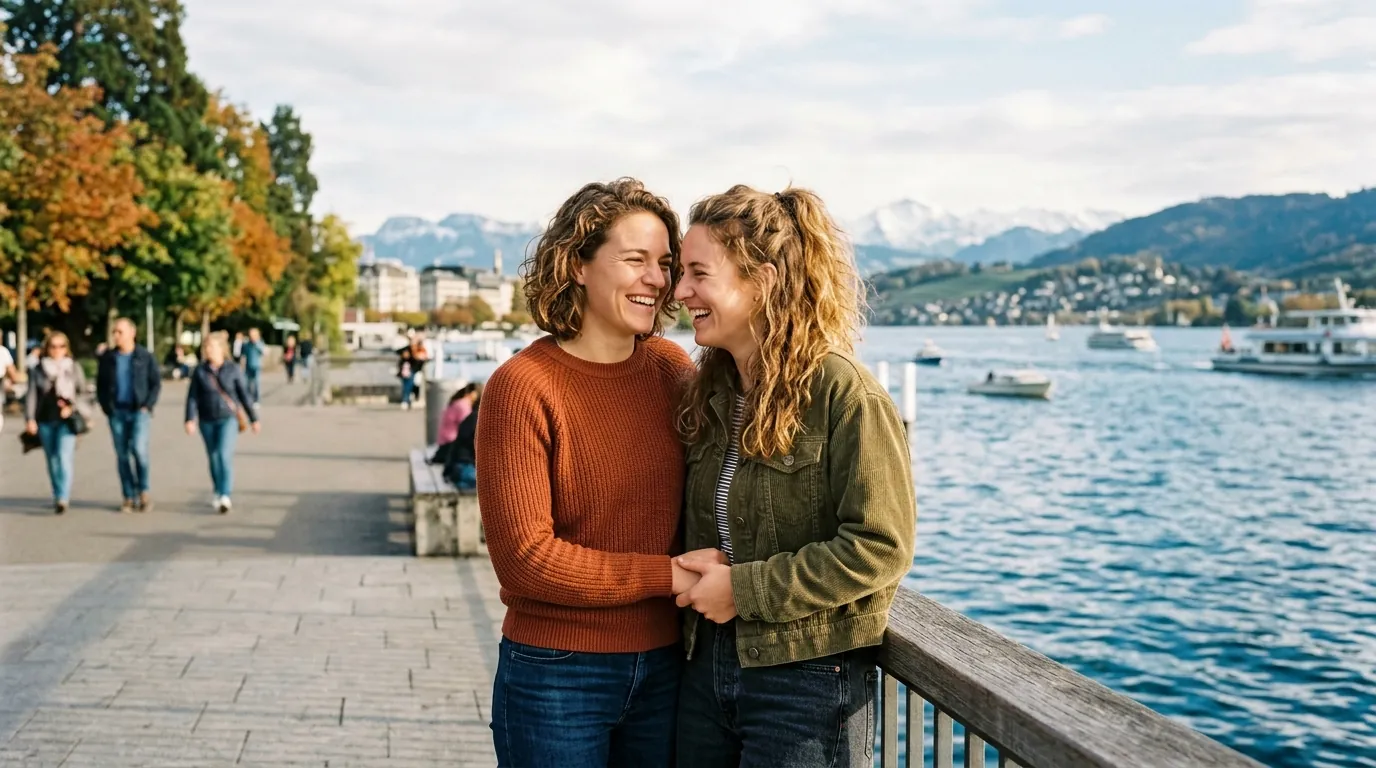 Swiss LGBTQ+ couple enjoying a sunny promenade along Lake Zurich with alpine views