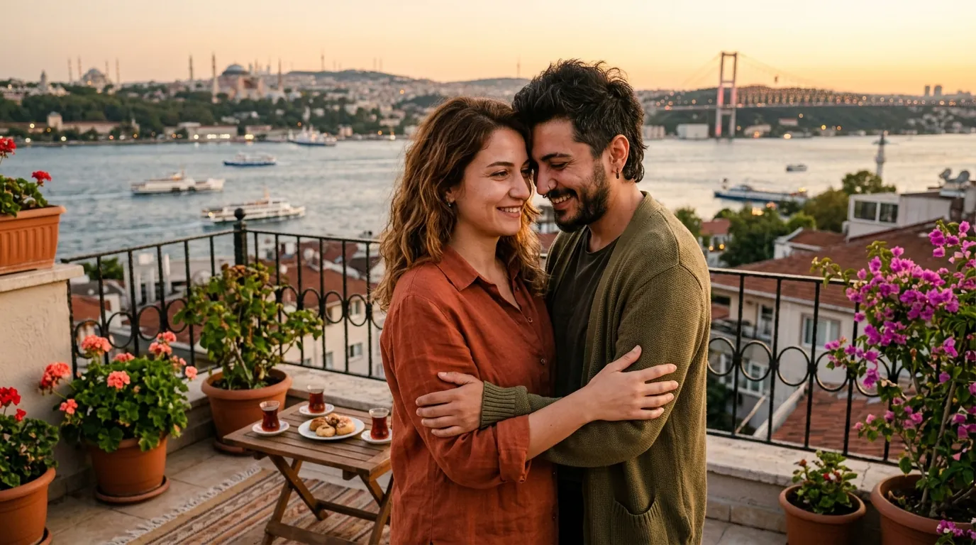 Turkish queer couple smiling gently together on a balcony in Istanbul overlooking the Bosphorus