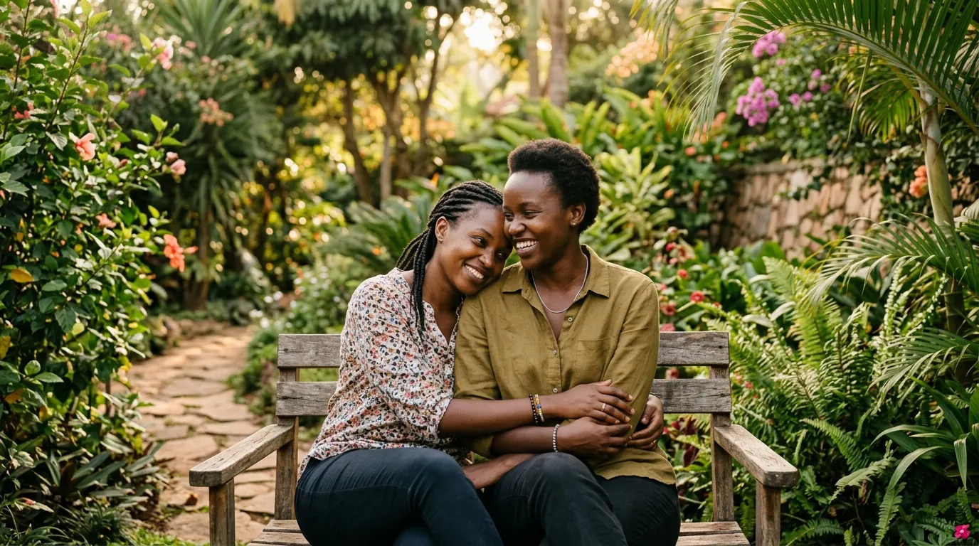 Loving East African LGBTQ+ couple smiling peacefully together in a lush Kampala garden